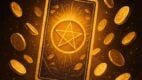 Sjajna tarot karta okružena zlatnicima, simbol iznenadnog bogatstva i astro prognoze.