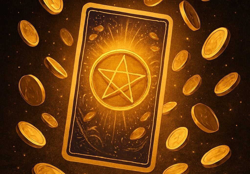 Sjajna tarot karta okružena zlatnicima, simbol iznenadnog bogatstva i astro prognoze.