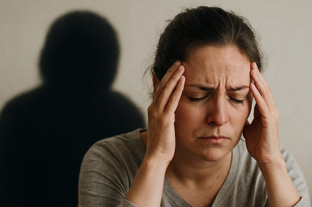 Žena drži glavu u bolu, zatvorenih očiju, dok iza nje stoji senka emocionalnog tereta na zidu