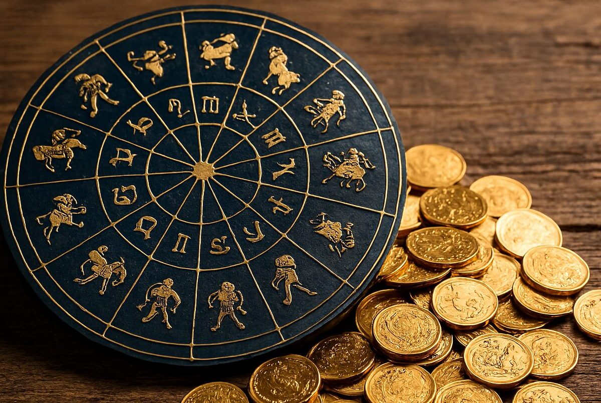 Zlatni novčići prosipaju se iz astrološkog točka na drveni sto, simbolizujući finansijsku sreću i horoskopski uspeh.
