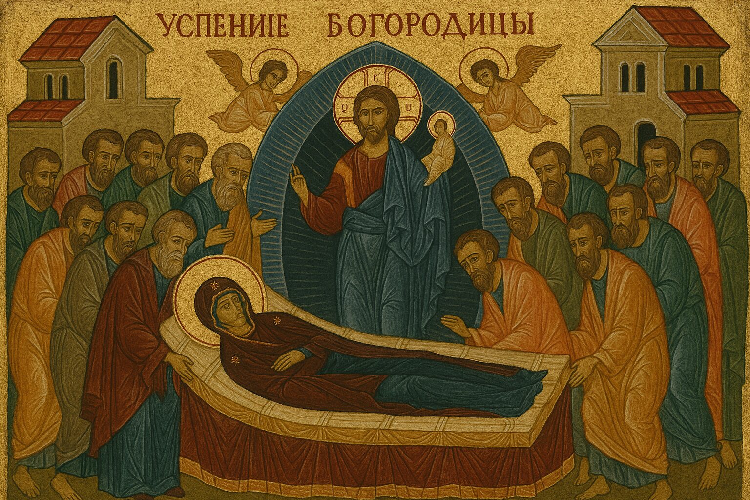 Vizantijska ikona Uspenja Bogorodice – scena sa Hristom, apostolima i Bogorodicom na odru, u zlatnoj pozadini.