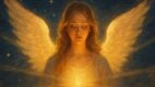 angelic woman, glowing wings, cosmic light beams