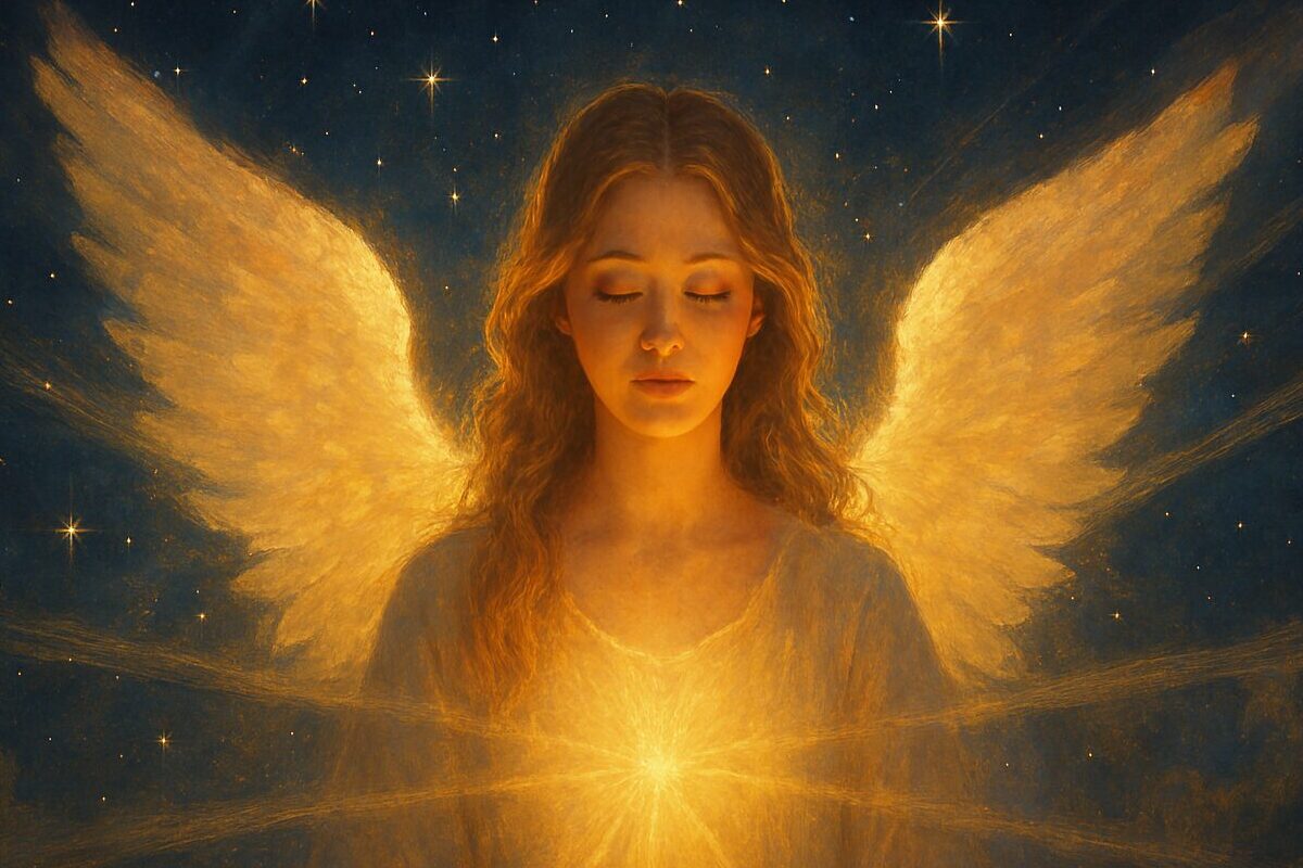 angelic woman, glowing wings, cosmic light beams