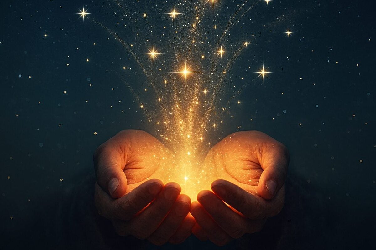 celestial light, open hands, stardust