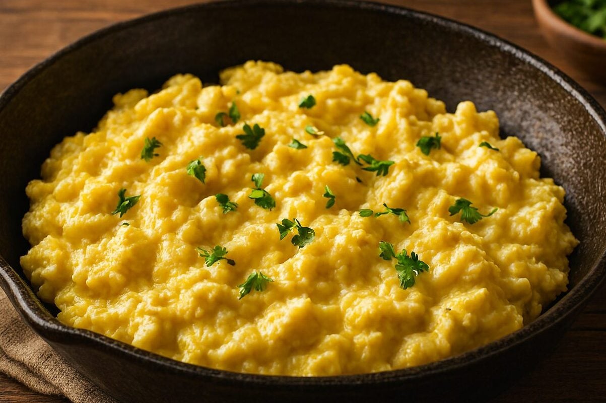 scrambled eggs, rustic kitchen, creamy texture