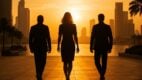 sunset cityscape, confident silhouettes, luxury atmosphere