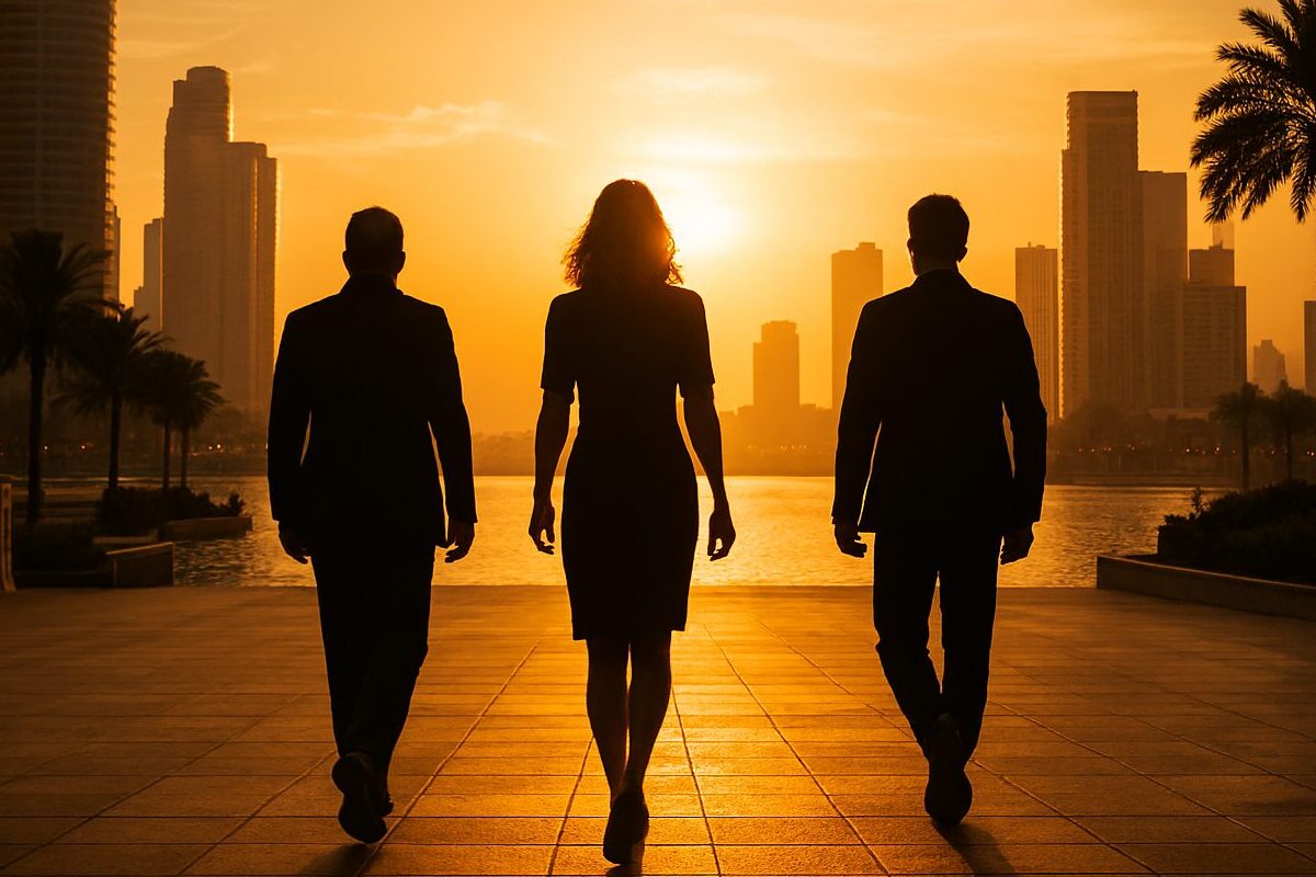 sunset cityscape, confident silhouettes, luxury atmosphere