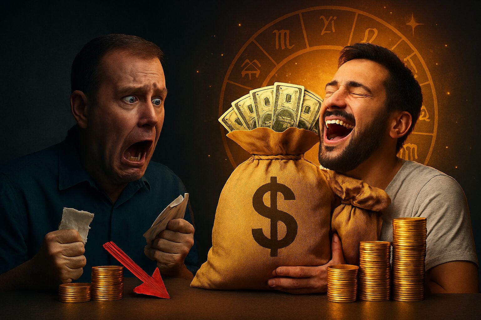 Muškarac u suzama radosnicama grli džak pun dolara, dok drugi u senci drži zgužvane papire i izgleda šokirano; pozadina sadrži zodijački krug i zlatne novčiće.