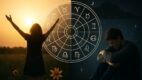 Vizualni kontrast sreće i patnje: žena u zlatnom zalasku sunca naspram muškarca u noćnoj tami, povezani astrološkim krugom Zodijaka.