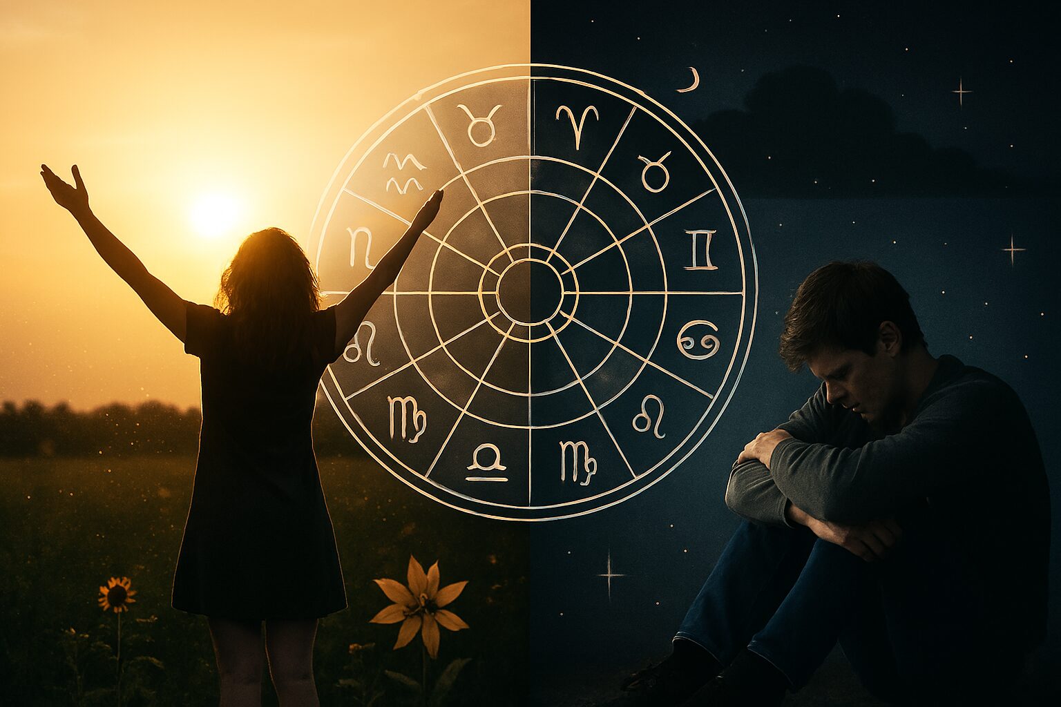 Vizualni kontrast sreće i patnje: žena u zlatnom zalasku sunca naspram muškarca u noćnoj tami, povezani astrološkim krugom Zodijaka.