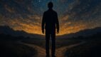 silhouette, starlit sky, cosmic trail