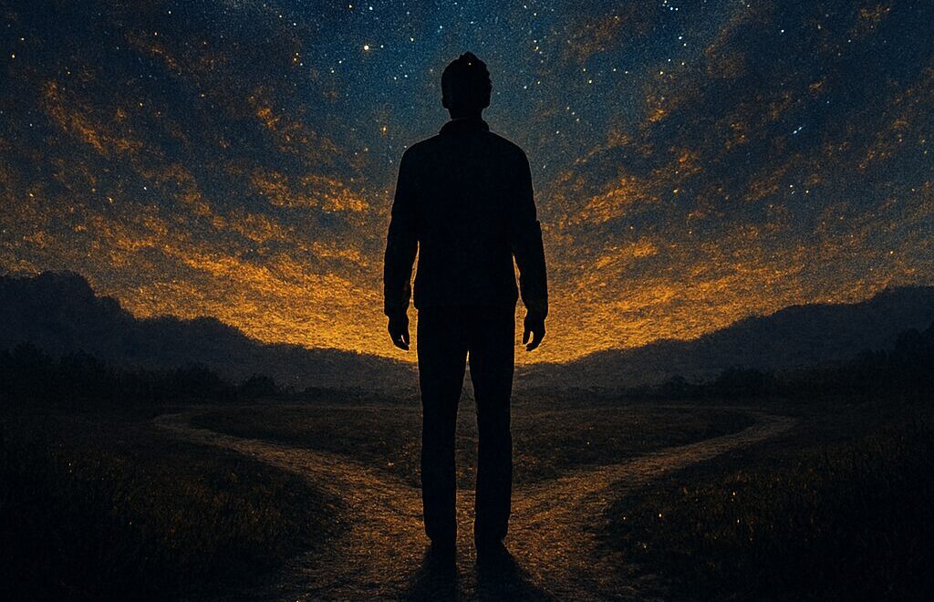 silhouette, starlit sky, cosmic trail