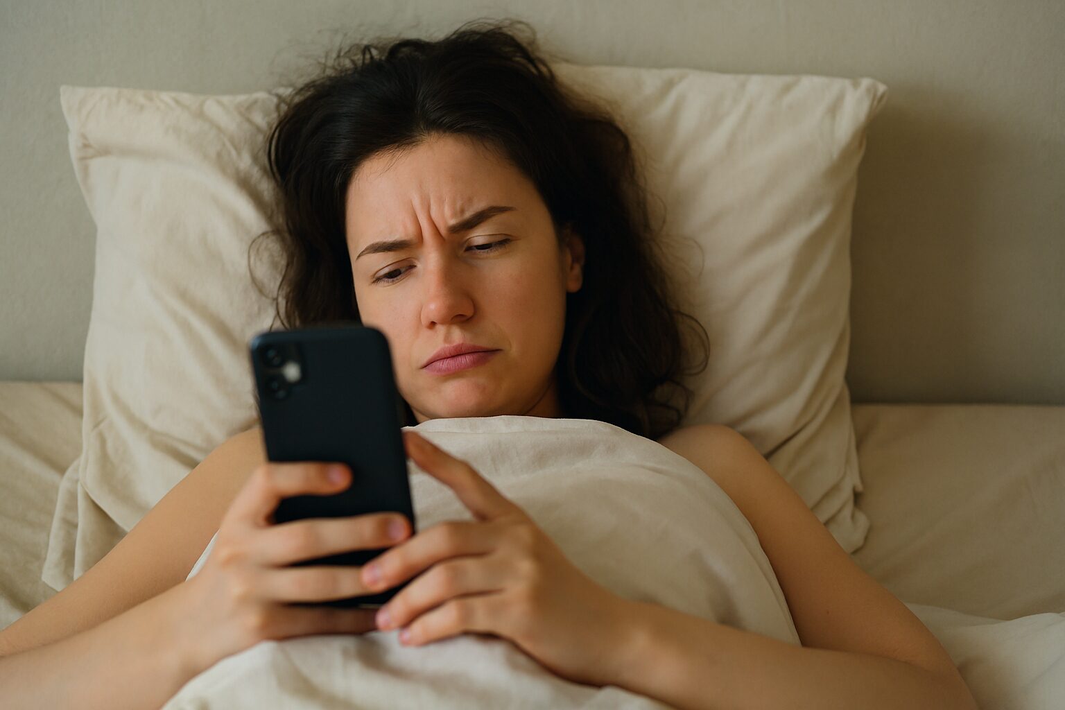Osoba u krevetu gleda u telefon odmah nakon buđenja, simbol loše jutarnje navike