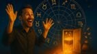 Muškarac u zanosu sreće stoji pred astrološkim točkom i otvorenim vratima iz kojih blješti svetlost i bogatstvo—zlatnici lete kroz vazduh, kovčezi se prelivaju, a zvezdano nebo pulsira sudbinskom energijom.