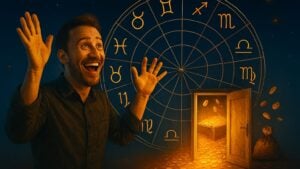 Muškarac u zanosu sreće stoji pred astrološkim točkom i otvorenim vratima iz kojih blješti svetlost i bogatstvo—zlatnici lete kroz vazduh, kovčezi se prelivaju, a zvezdano nebo pulsira sudbinskom energijom.