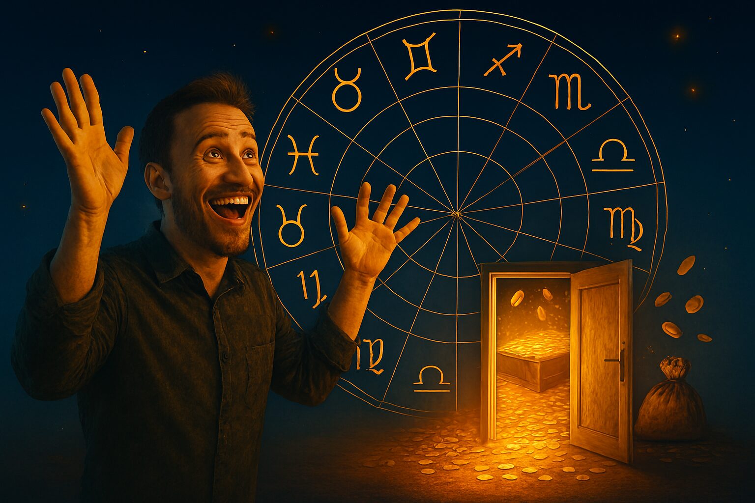 Muškarac u zanosu sreće stoji pred astrološkim točkom i otvorenim vratima iz kojih blješti svetlost i bogatstvo—zlatnici lete kroz vazduh, kovčezi se prelivaju, a zvezdano nebo pulsira sudbinskom energijom.