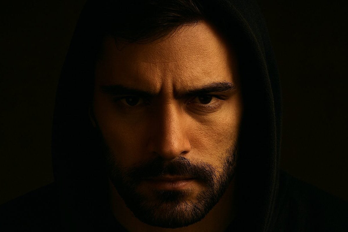 intense gaze, emotional tension, shadowed portrait