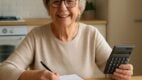 Starija žena sedi za kuhinjskim stolom, nasmejana, drži digitron i svesku dok planira kućni budžet.
