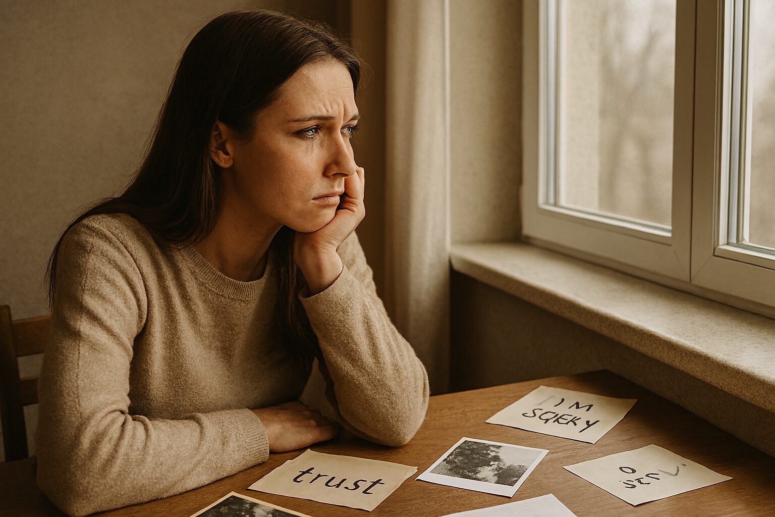 Žena zamišljenog izraza sedi za stolom pored prozora, okružena porukama poput „trust“, „lies“ i „I’m sorry“.