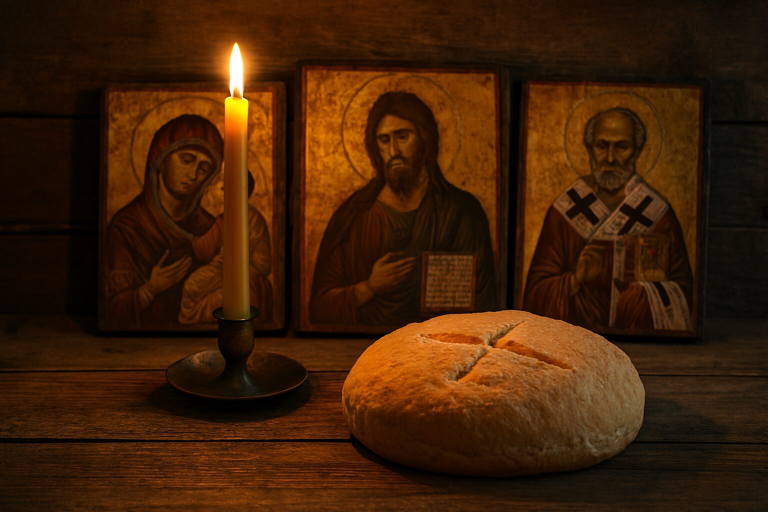 Drveni sto sa svećom, hlebom i pravoslavnim ikonama u pozadini, prikazuje tradicionalni srpski ritual za Usekovanije.