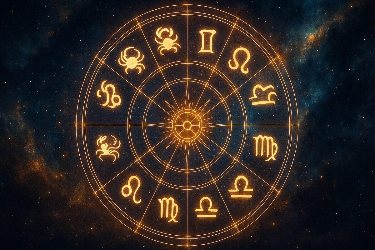 Zodijački točak sa svetlećim astrološkim simbolima na pozadini punoj zvezda i kosmičkih oblaka.