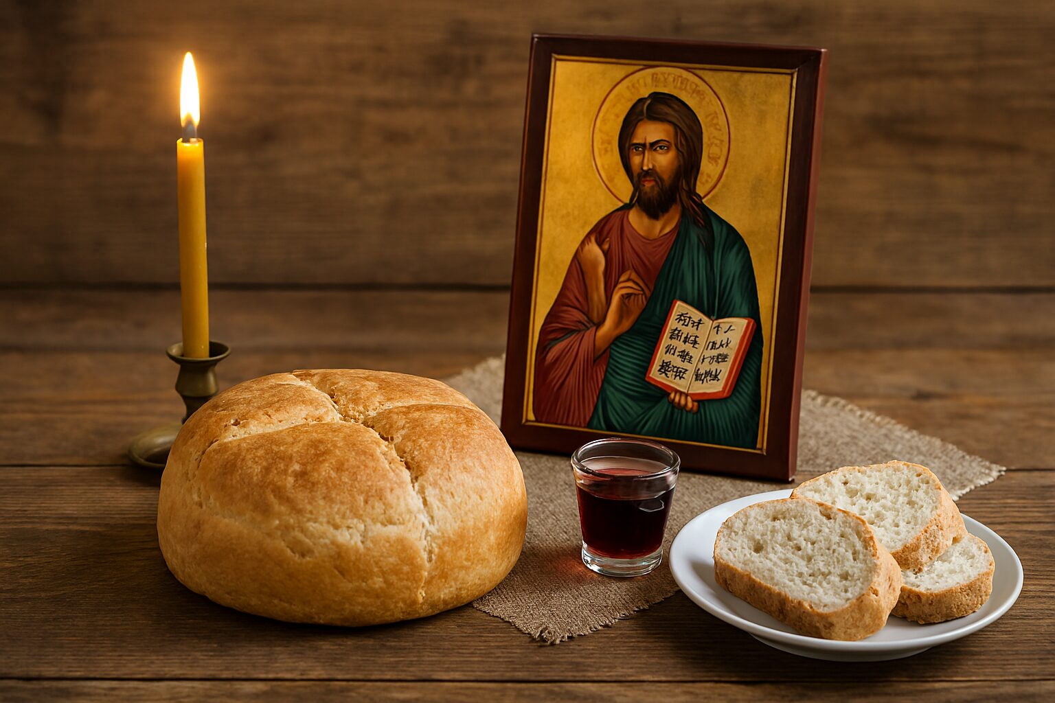 Slavska trpeza sa hlebom, svećom, ikonom Svetog Jovana i čašom vina na drvenom stolu.