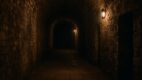 Podzemni kameni tunel sa prigušenim svetlom i starim zidovima od cigle, koji odiše misterijom i tišinom.