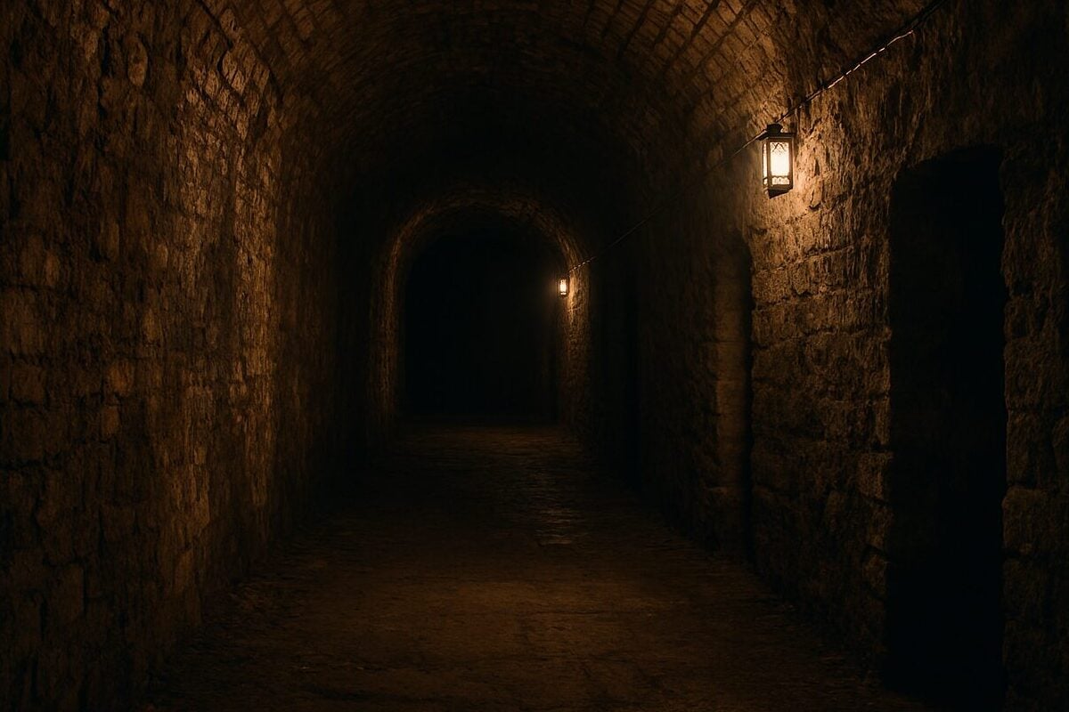 Podzemni kameni tunel sa prigušenim svetlom i starim zidovima od cigle, koji odiše misterijom i tišinom.