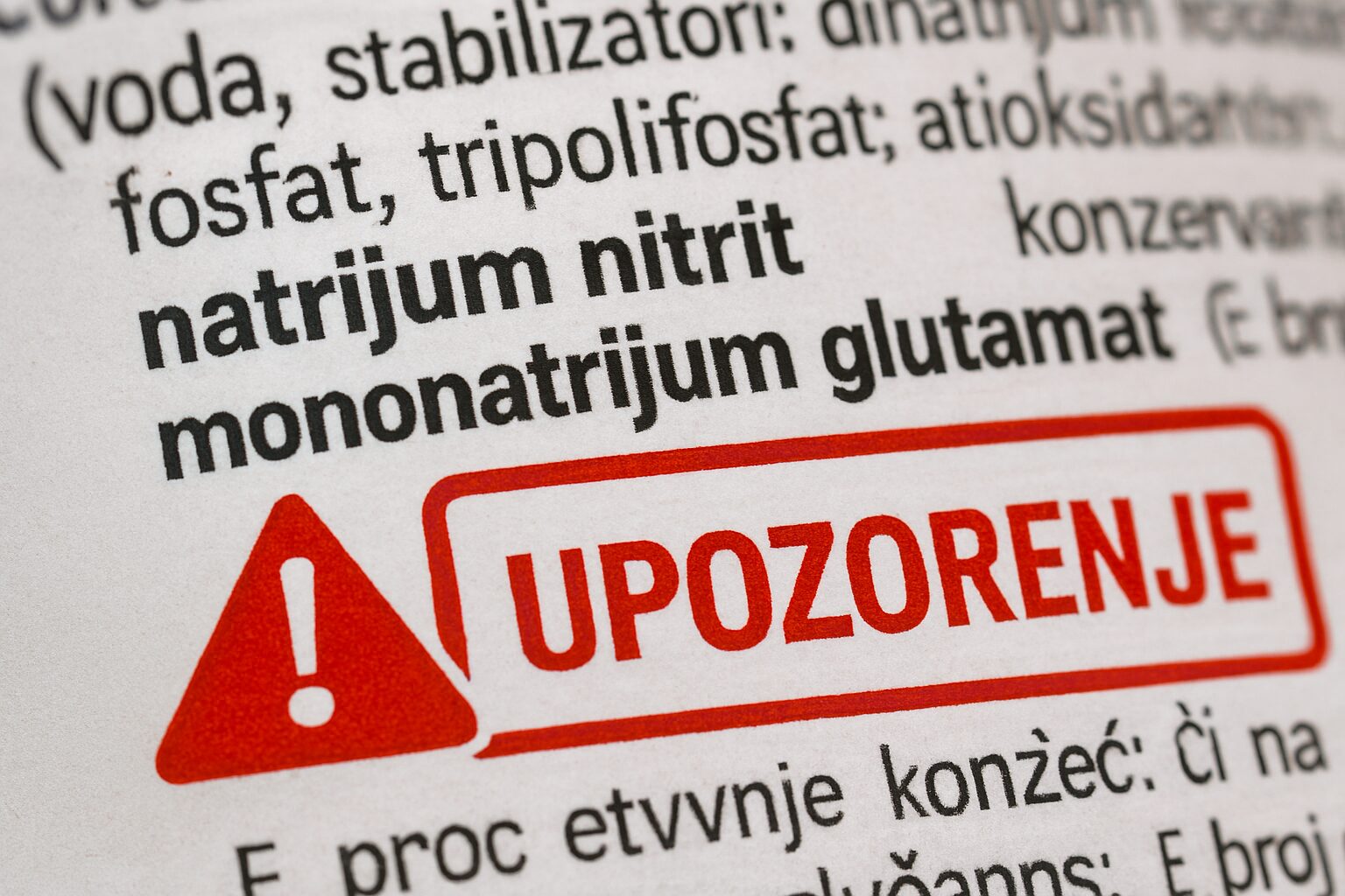 Deklaracija sa natrijum nitritom i MSG, preko koje je crveni znak „UPOZORENJE“.