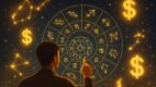 Osoba posmatra astrološku kartu okruženu svetlećim sazvežđima i simbolima dolara na zvezdanom nebu.