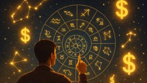 Osoba posmatra astrološku kartu okruženu svetlećim sazvežđima i simbolima dolara na zvezdanom nebu.