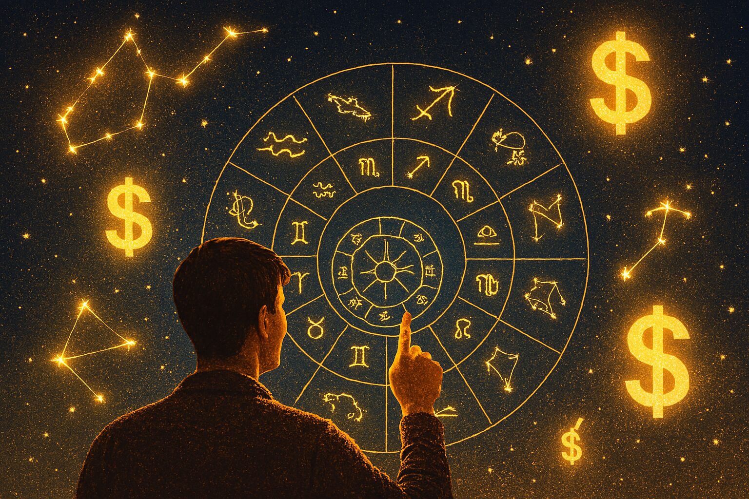 Osoba posmatra astrološku kartu okruženu svetlećim sazvežđima i simbolima dolara na zvezdanom nebu.