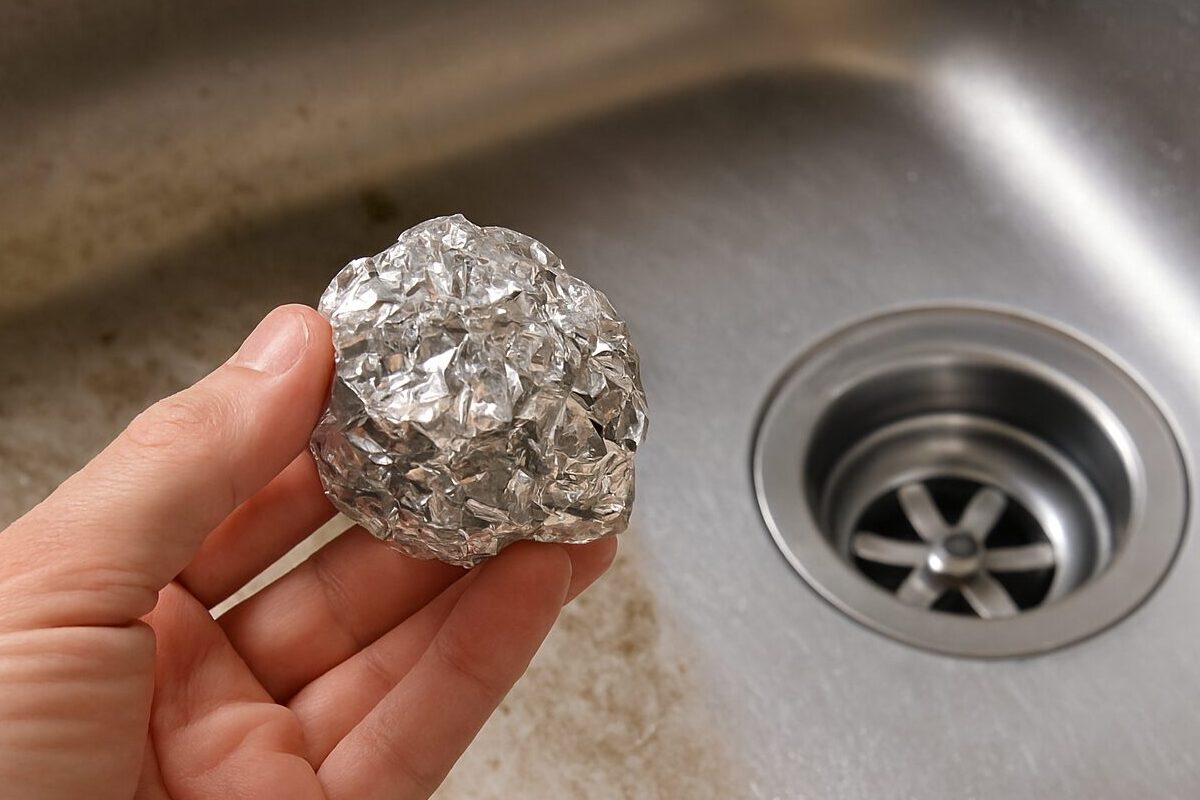 Ruka drži zgužvanu aluminijumsku foliju iznad sudopere, s jasno vidljivom razlikom između prljavog i blistavo čistog dela.