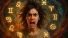 Žena raščupane kose s dramatičnim izrazom lica okružena astrološkim simbolima u vrtlogu boja.