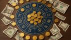 Astrološki točak sa zlatnicima i pocepanim novčanicama na drvenoj površini, simbolizuje finansijsku sudbinu.