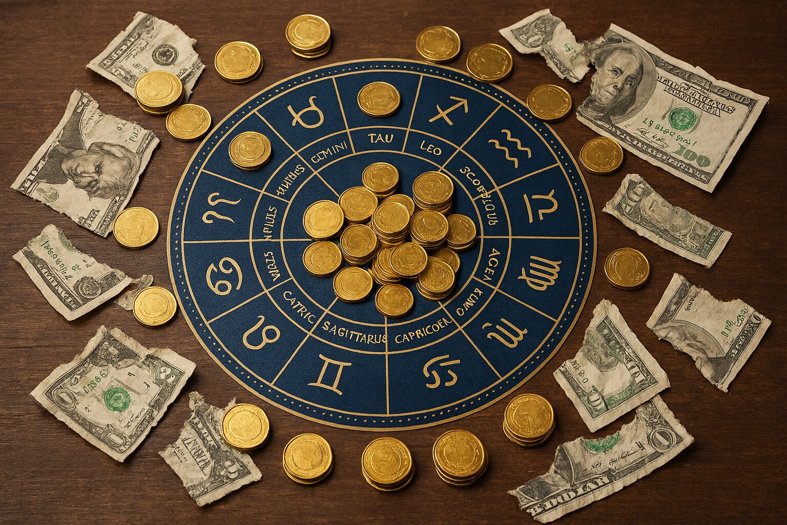 Astrološki točak sa zlatnicima i pocepanim novčanicama na drvenoj površini, simbolizuje finansijsku sudbinu.