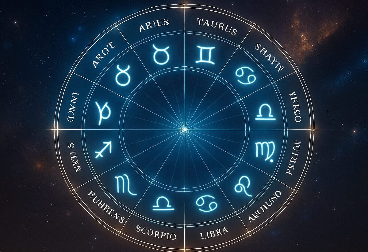 Astrološka karta sa zodijačkim znacima na kosmičkoj pozadini punoj zvezda i maglina.
