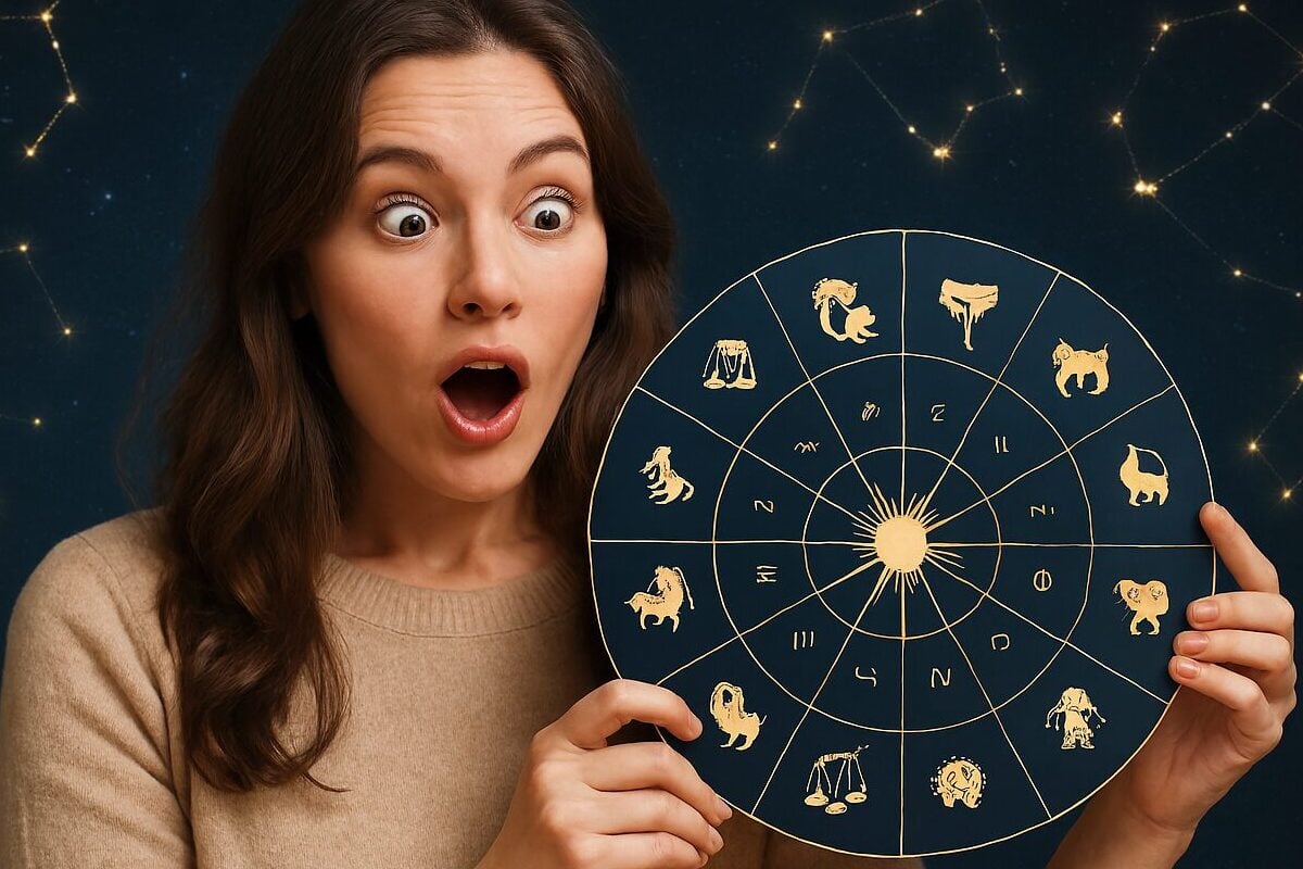Žena iznenađena drži astrološki točak dok u pozadini svetlucaju zvezdani znaci.