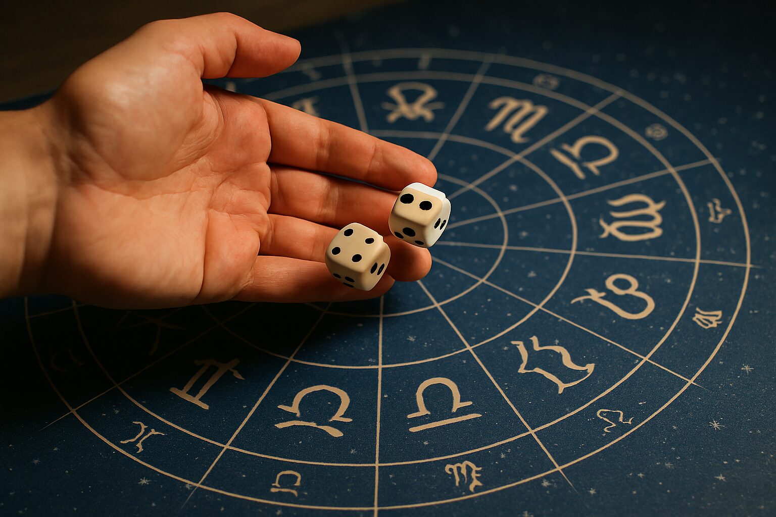 Ruka baca kockice preko astrološke karte sa horoskopskim znacima.