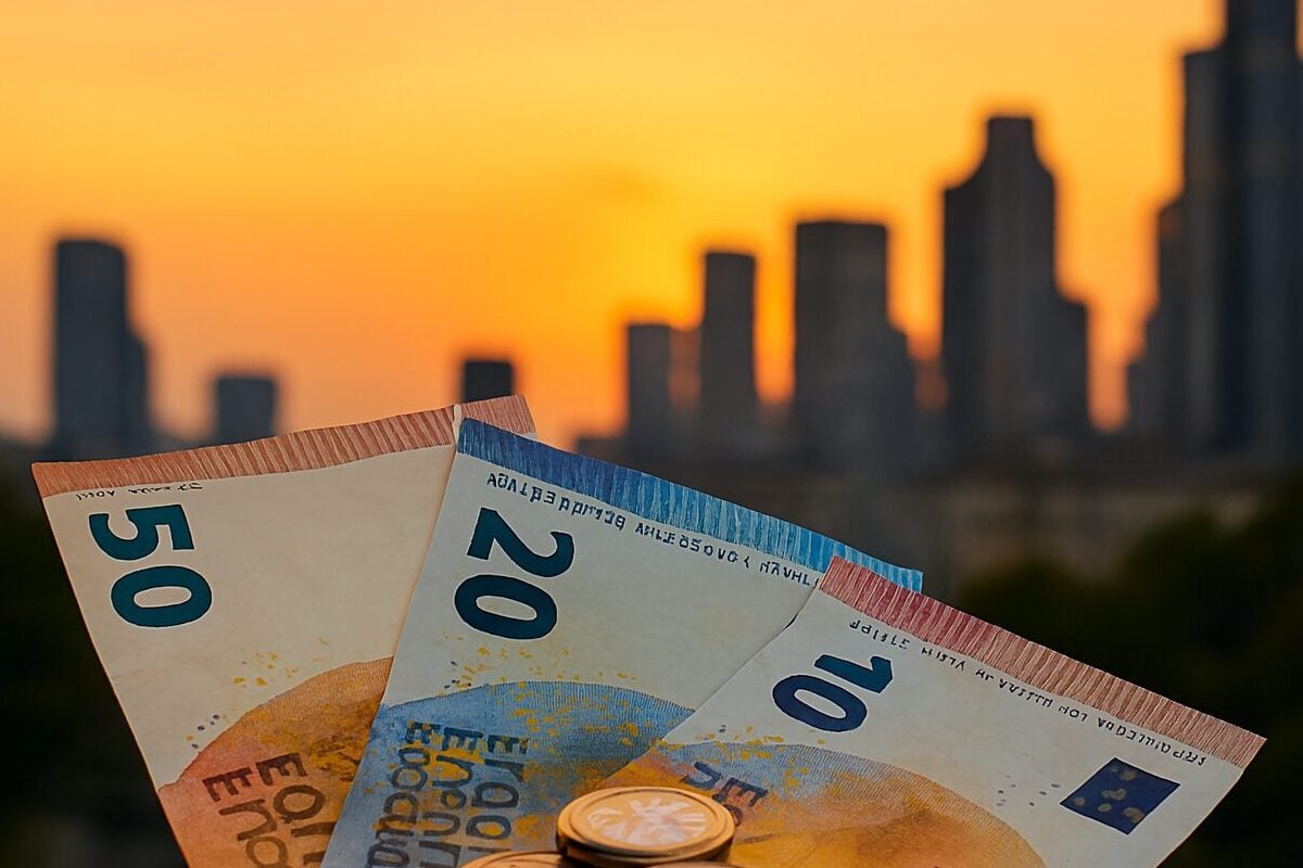 Evro novčanice i kovanice u prvom planu, sa gradskim horizontom u zlatnom zalasku sunca u pozadini.