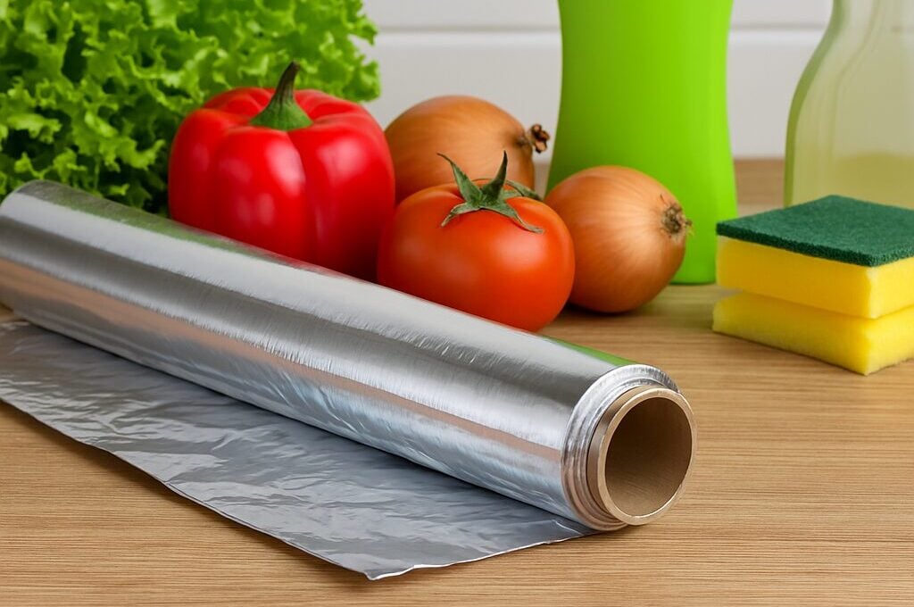 Rolna aluminijumske folije na kuhinjskom pultu, okružena svežim povrćem i sredstvima za čišćenje