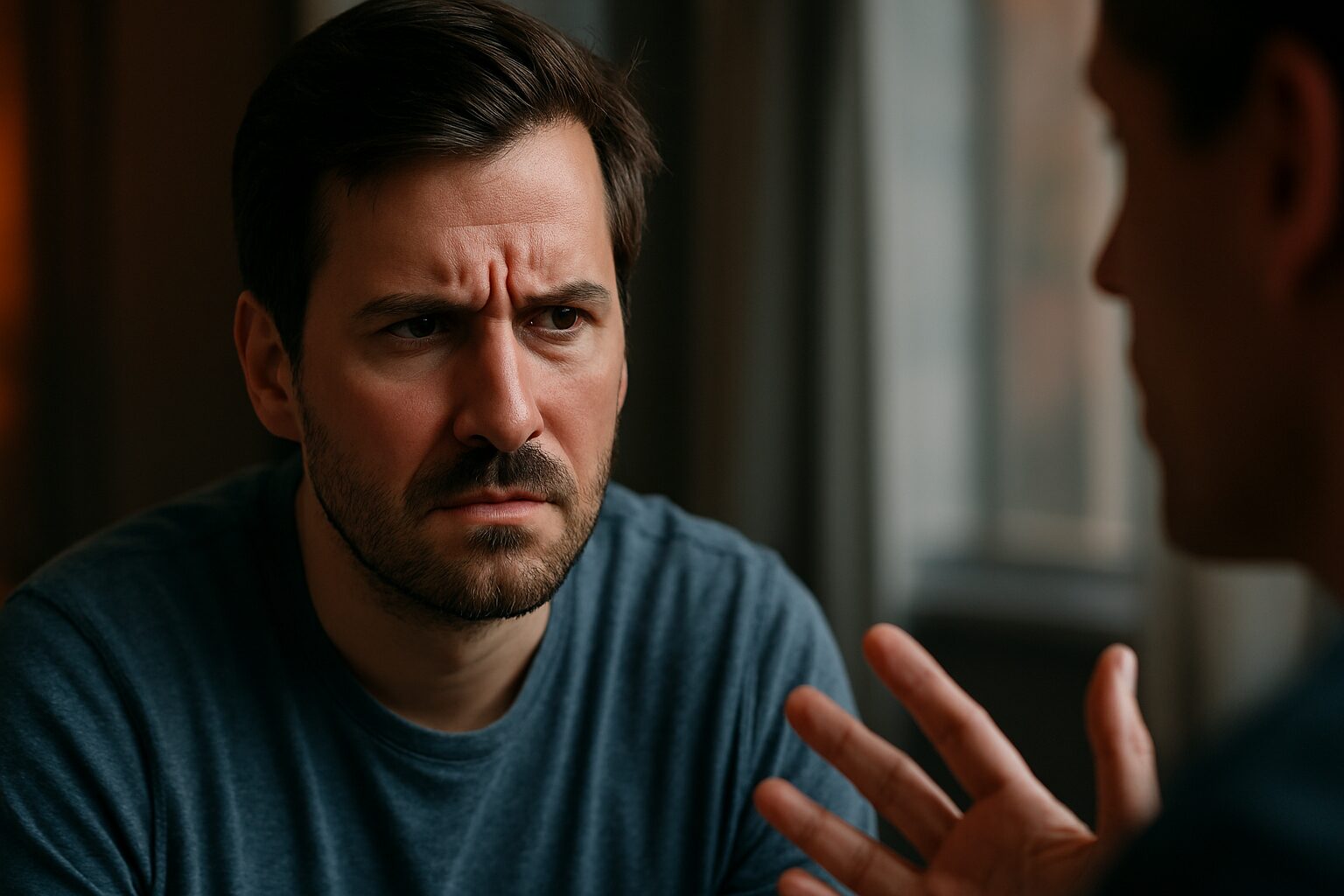 Muškarac sa sumnjičavim izrazom lica sluša sagovornika u napetoj atmosferi.