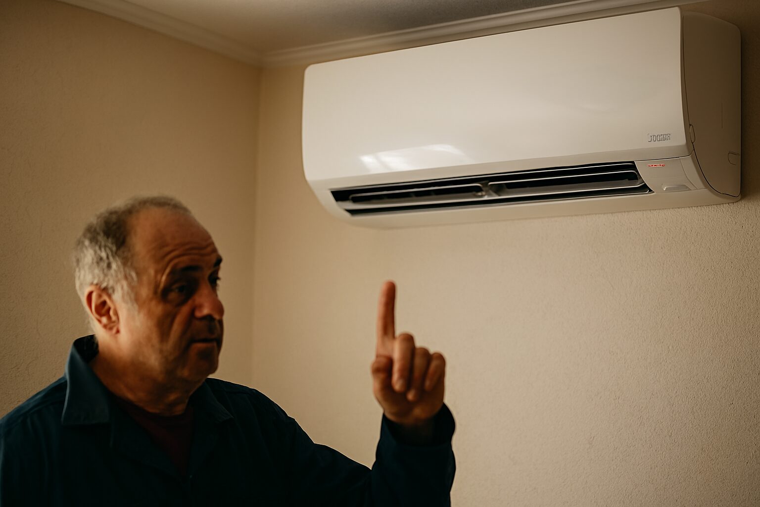 Majstor pokazuje prema inverter klimi na zidu.