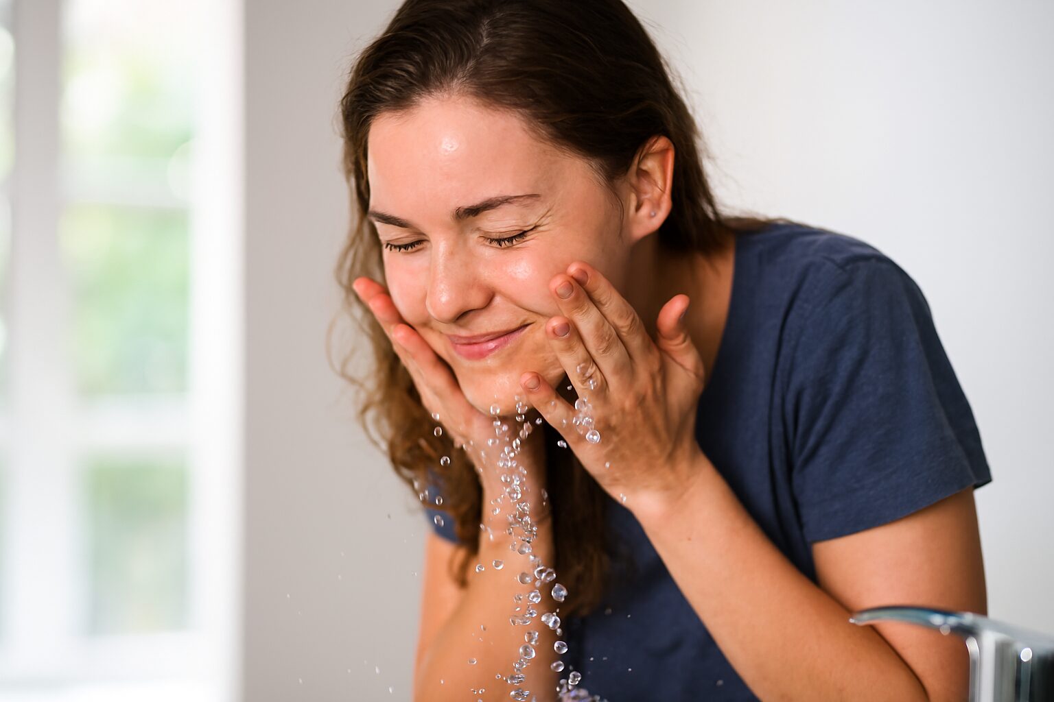 Žena se umiva hladnom vodom, osvežena i smirena u jutarnjoj rutini.