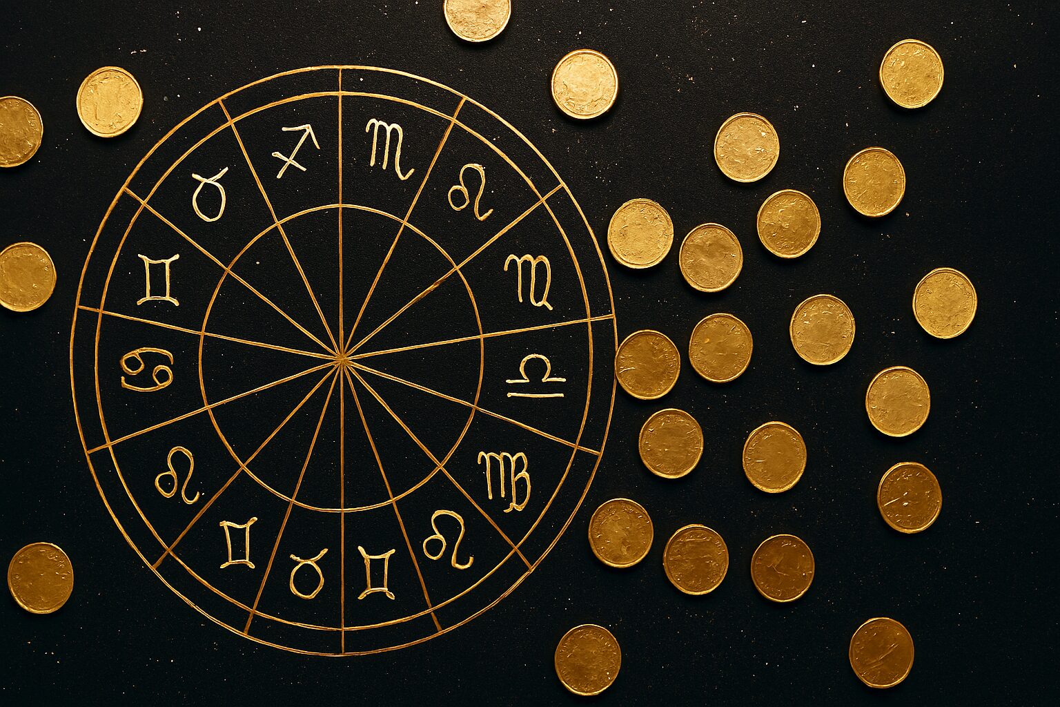 Zlatni astro krug sa horoskopskim znacima okružen novčićima.