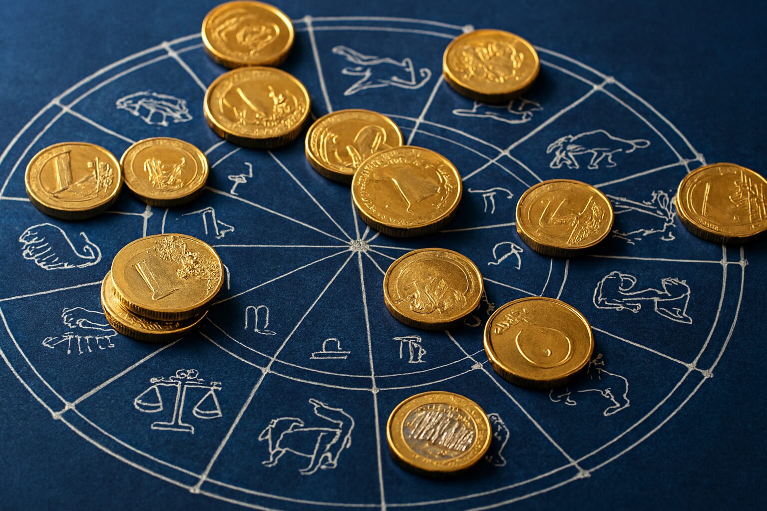 Zlatnici rasuti preko astrološke mape sa jasno vidljivim znacima zodijaka.