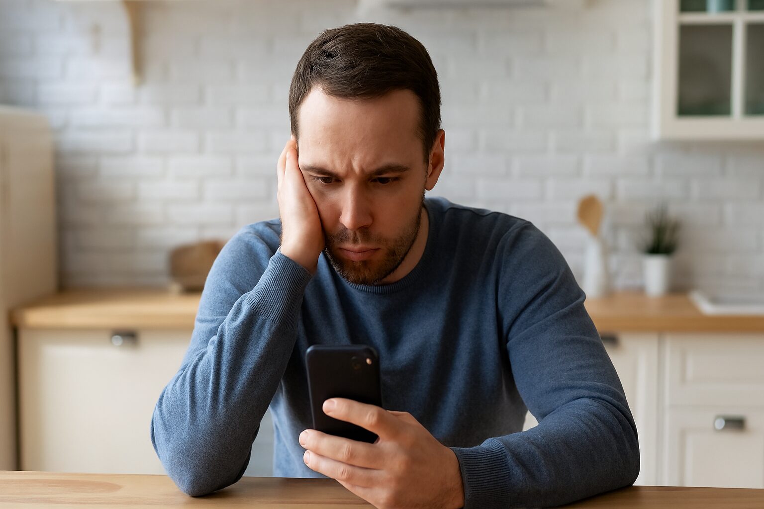 Zabrinut muškarac gleda u telefon.
