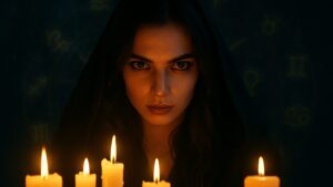 Mistična žena u tami, okružena svećama i zodijačkim simbolima.