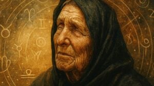 Baba Vanga okružena astrološkim simbolima.