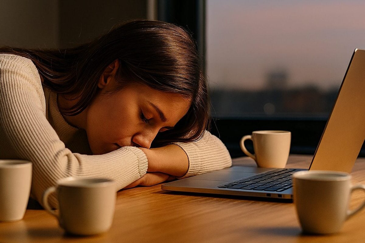 Žena umorna, naslonjena na sto pored laptopa i šoljica kafe.